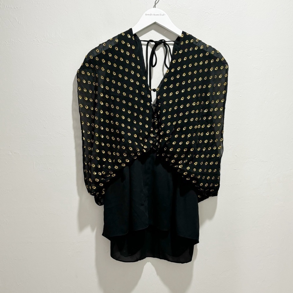 POISE BY KIT HOLLAND Women’s Black Gold Polka Dot Silk Tunic Top Layered Size M